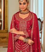 Red embroidered chinon kurta trouser dupatta set