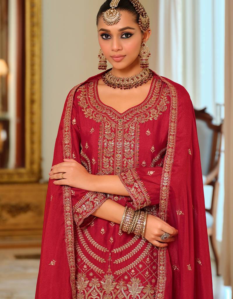 Red embroidered chinon kurta trouser dupatta set