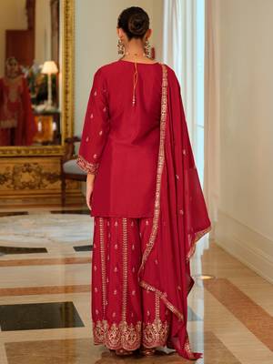 Red embroidered chinon kurta trouser dupatta set 2