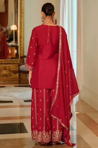 Red embroidered chinon kurta trouser dupatta set