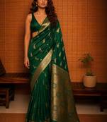 Green ethnic motifs zari silk blend banarasi saree
