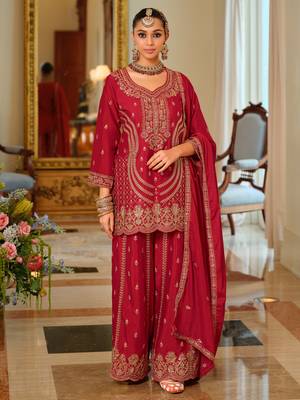 Red embroidered chinon kurta trouser dupatta set 3