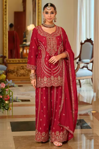 Red embroidered chinon kurta trouser dupatta set