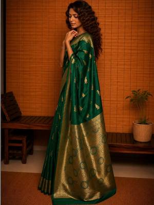 Green ethnic motifs zari silk blend banarasi saree 3