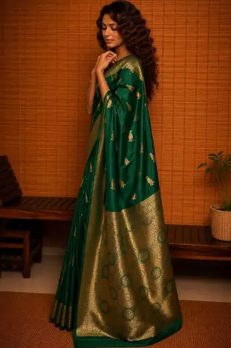 Green ethnic motifs zari silk blend banarasi saree