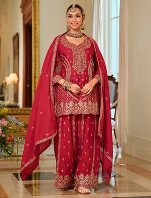 Red embroidered chinon kurta trouser dupatta set 4