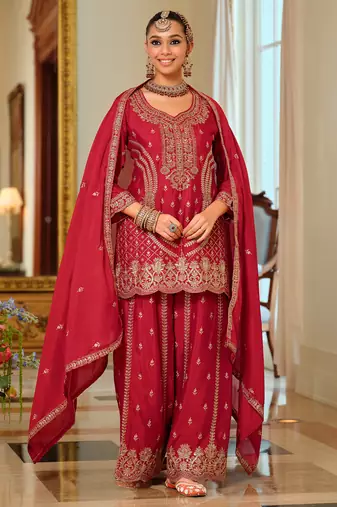 Red embroidered chinon kurta trouser dupatta set