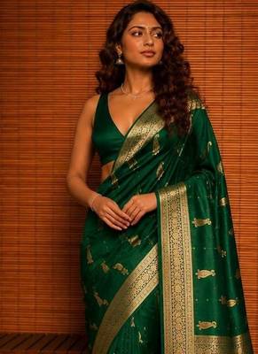 Green ethnic motifs zari silk blend banarasi saree 4