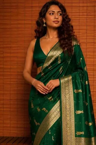 Green ethnic motifs zari silk blend banarasi saree
