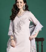 Pink embroidered silk blend kurta trouser dupatta set