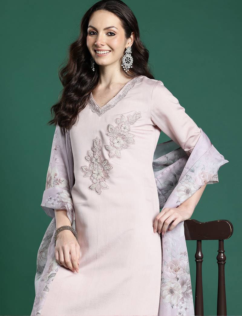 Pink embroidered silk blend kurta trouser dupatta set