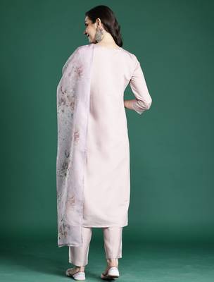 Pink embroidered silk blend kurta trouser dupatta set 2