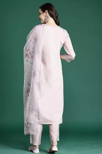Pink embroidered silk blend kurta trouser dupatta set