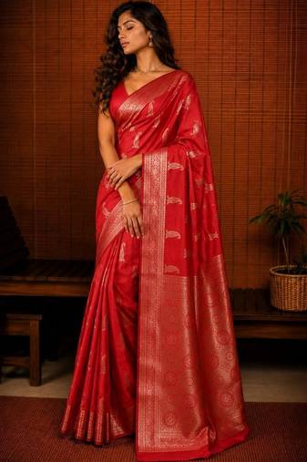 Red ethnic motifs zari silk blend banarasi saree