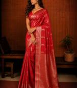 Red ethnic motifs zari silk blend banarasi saree