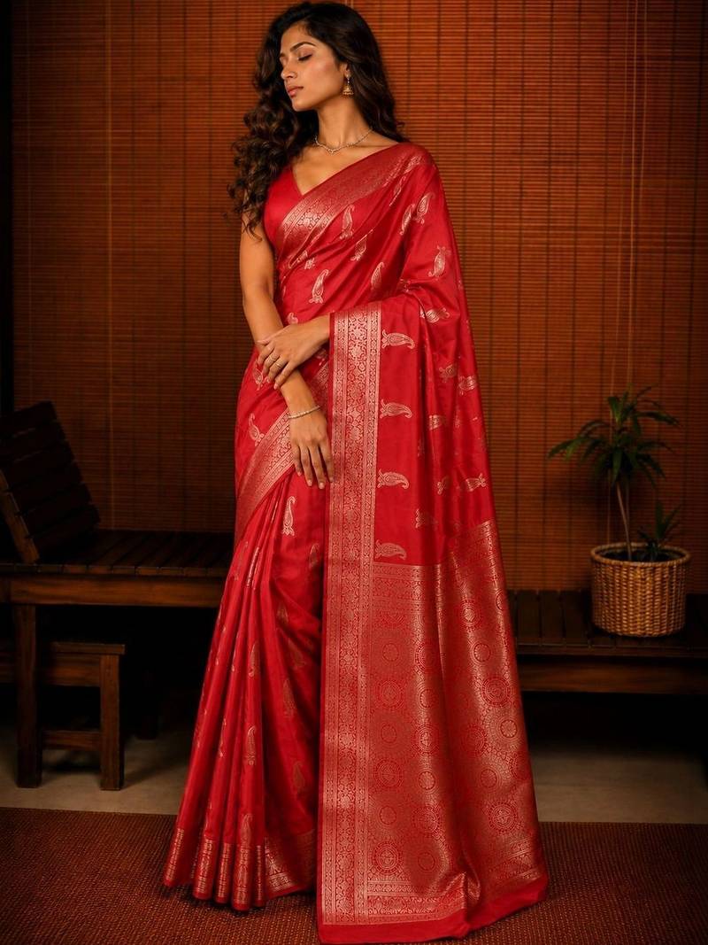 Red ethnic motifs zari silk blend banarasi saree