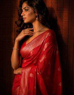 Red ethnic motifs zari silk blend banarasi saree 2