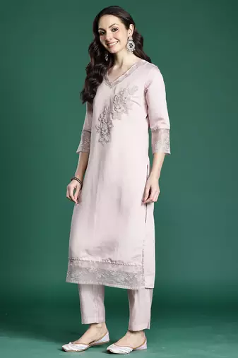 Pink embroidered silk blend kurta trouser dupatta set