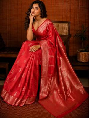 Red ethnic motifs zari silk blend banarasi saree 4