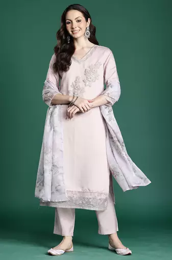 Pink embroidered silk blend kurta trouser dupatta set