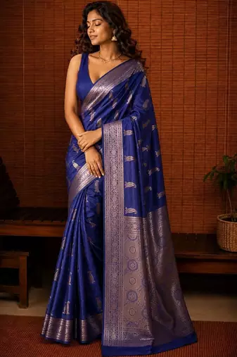 Blue woven design zari silk blend banarasi saree