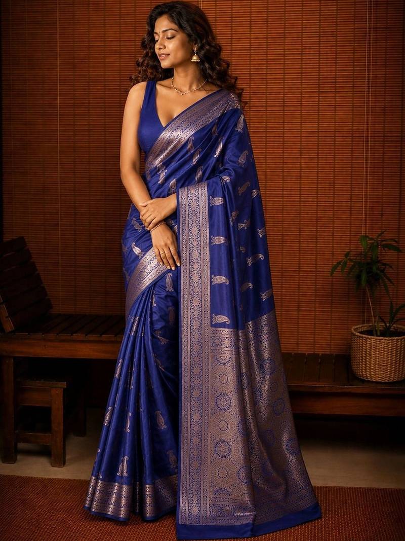 Blue woven design zari silk blend banarasi saree