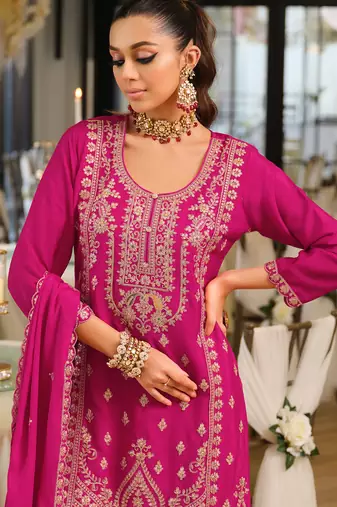 Red embroidered chinon kurta trouser dupatta set