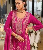 Red embroidered chinon kurta trouser dupatta set