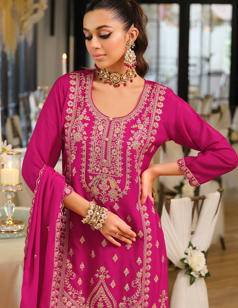 Red embroidered chinon kurta trouser dupatta set