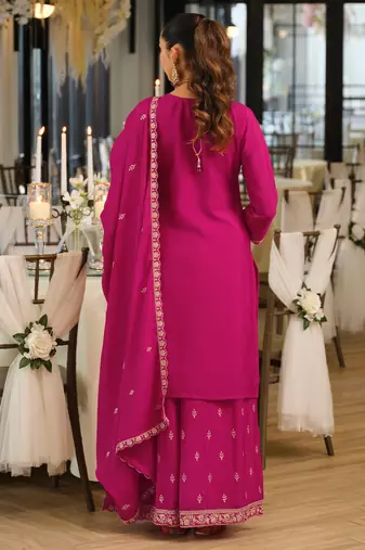 Red embroidered chinon kurta trouser dupatta set