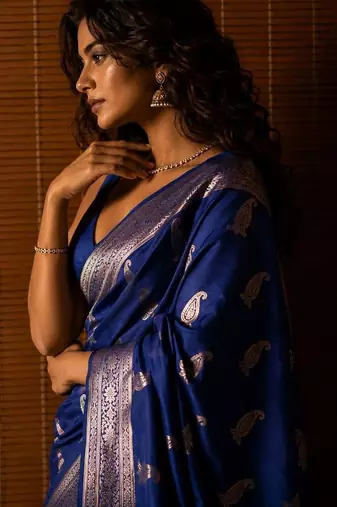 Blue woven design zari silk blend banarasi saree