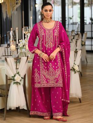 Red embroidered chinon kurta trouser dupatta set 3