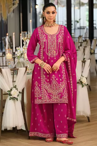 Red embroidered chinon kurta trouser dupatta set