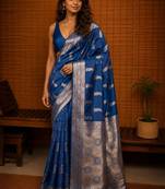 Blue ethnic motifs zari silk blend banarasi saree
