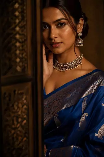 Blue ethnic motifs zari silk blend banarasi saree