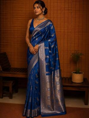 Blue ethnic motifs zari silk blend banarasi saree 3