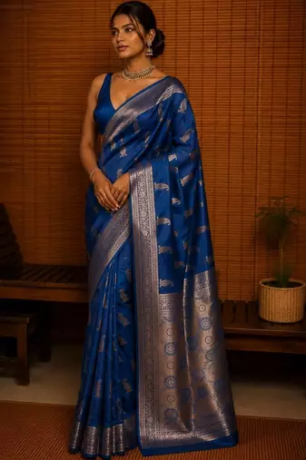 Blue ethnic motifs zari silk blend banarasi saree