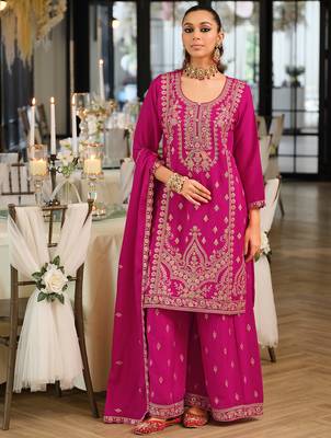 Red embroidered chinon kurta trouser dupatta set 4