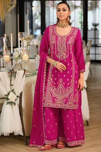 Red embroidered chinon kurta trouser dupatta set