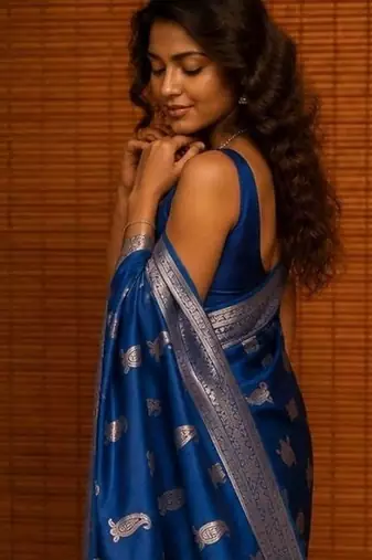 Blue ethnic motifs zari silk blend banarasi saree