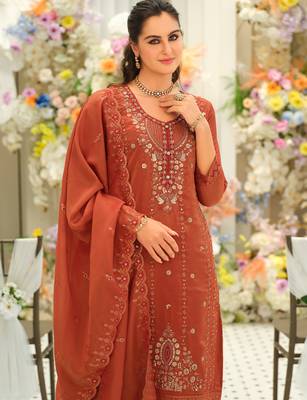 Orange embroidered silk blend kurta trouser dupatta set 1