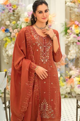 Orange embroidered silk blend kurta trouser dupatta set