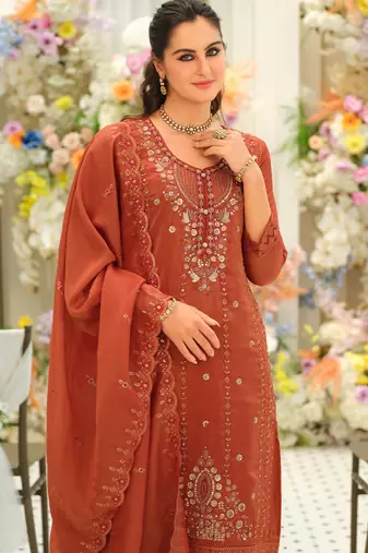 Orange embroidered silk blend kurta trouser dupatta set