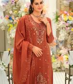 Orange embroidered silk blend kurta trouser dupatta set