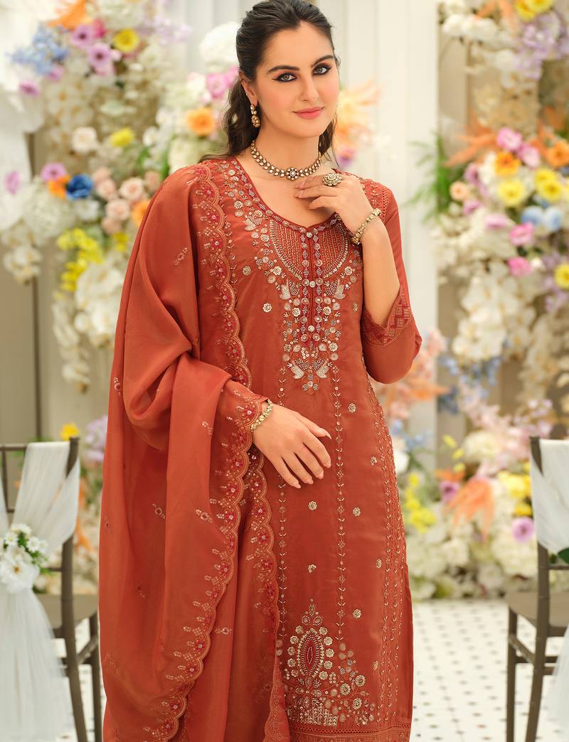 Orange embroidered silk blend kurta trouser dupatta set