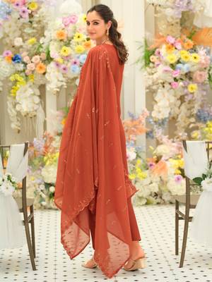 Orange embroidered silk blend kurta trouser dupatta set 2
