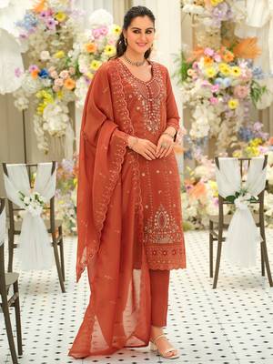 Orange embroidered silk blend kurta trouser dupatta set 3