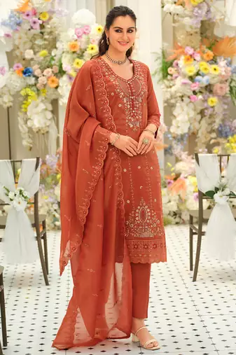 Orange embroidered silk blend kurta trouser dupatta set