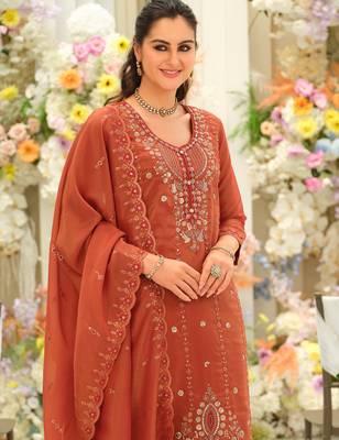 Orange embroidered silk blend kurta trouser dupatta set 4