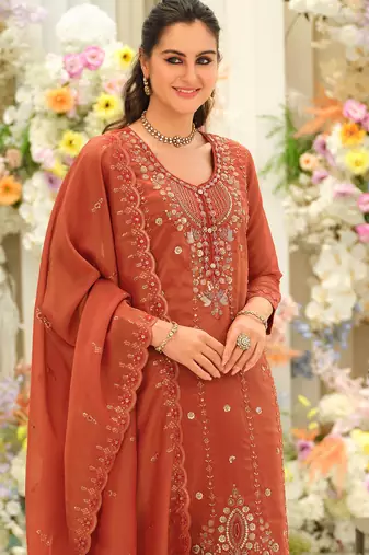 Orange embroidered silk blend kurta trouser dupatta set